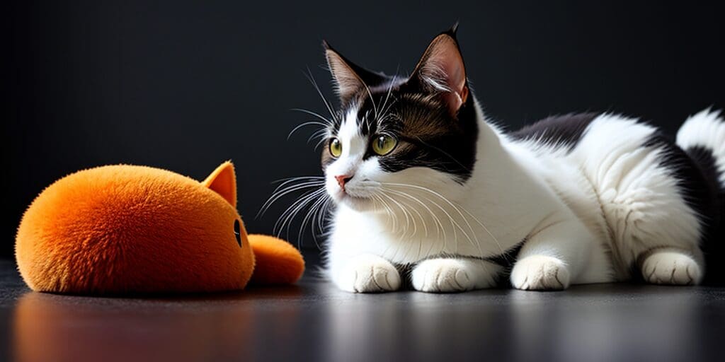A black and white cat is lying on a dark floor next to an orange plush toy. The cat has green eyes and is looking away from the toy.