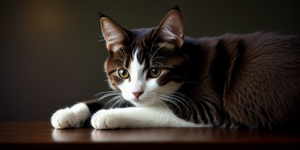 A close up of a brown and white cat looking at the camera with its paws resting on a table.