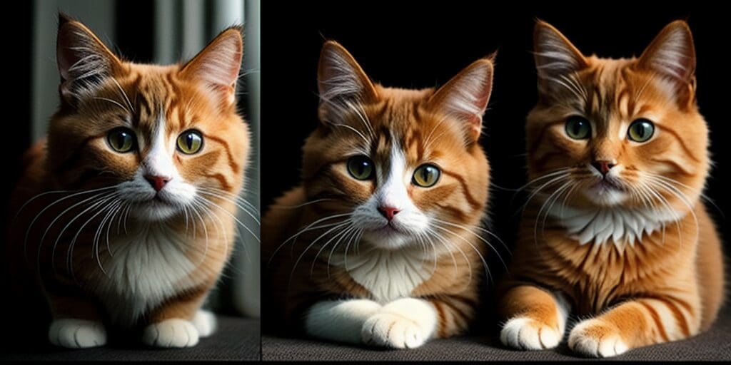 A triptych of a ginger cat with white paws and a white belly, looking at the camera with green eyes.