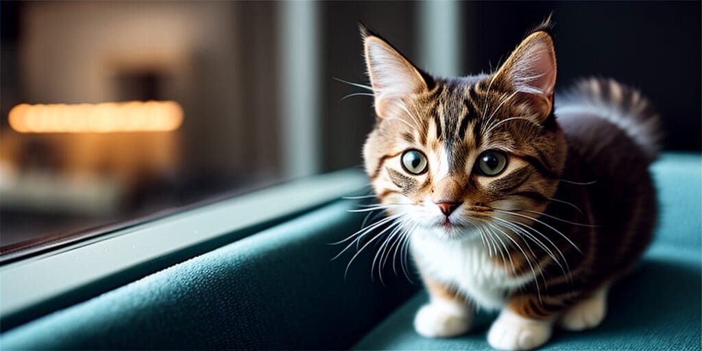 A cute tabby cat with white paws and a white belly is sitting on a blue sofa and looking at the camera.