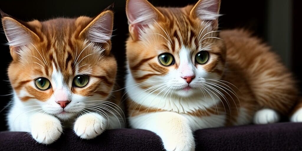 A ginger and white kitten and a white kitten with green eyes are sitting on a black surface looking at the camera.