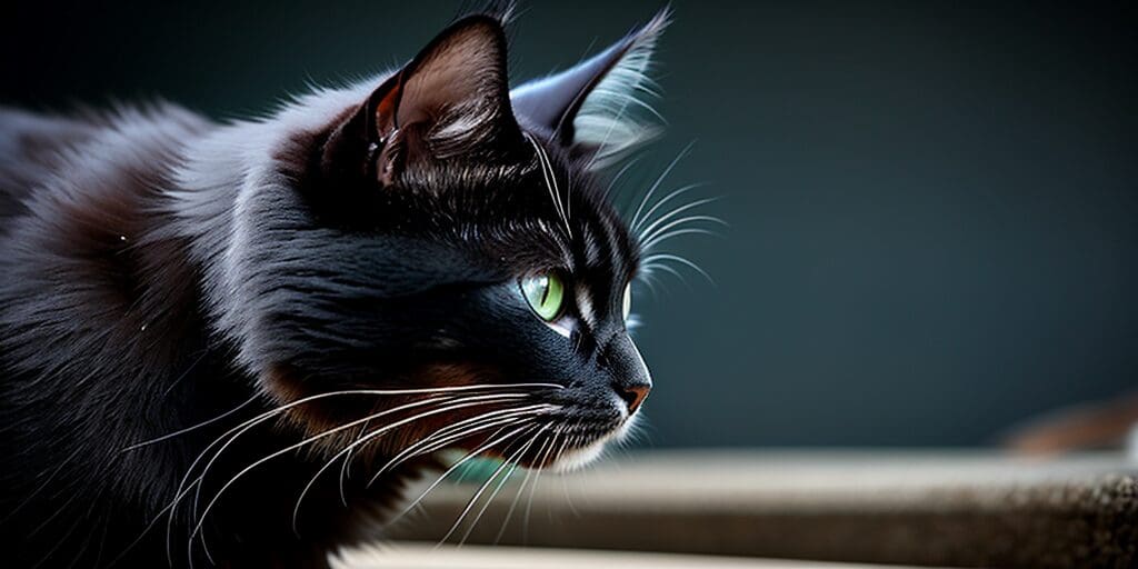 A black cat is sitting in front of a dark background. The cat has green eyes and is looking to the right.