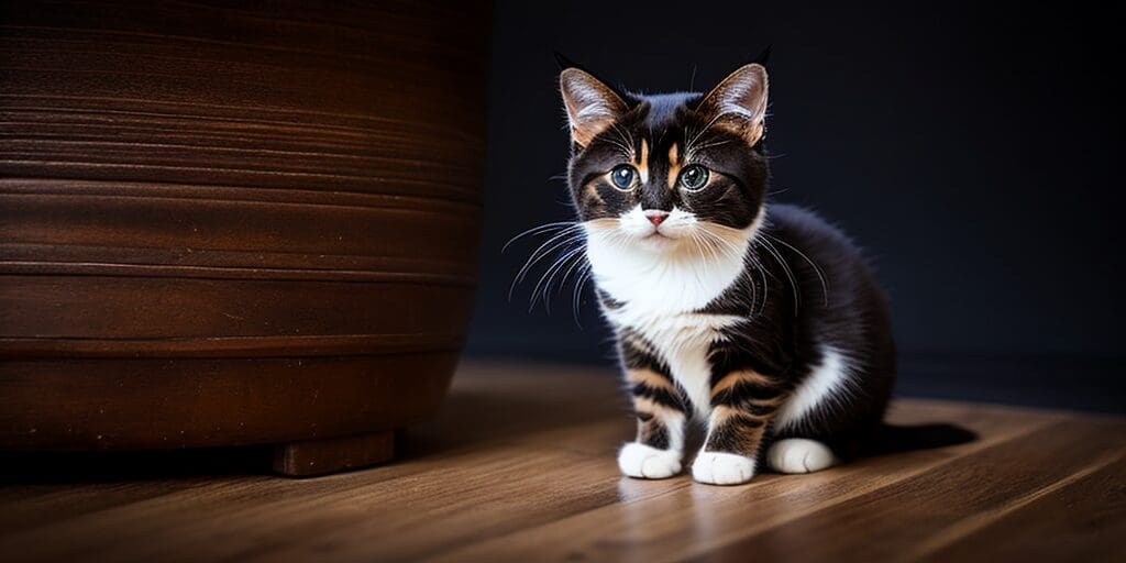 A small, black, and white cat with wide blue eyes is sitting on a wooden floor next to a wooden barrel.
