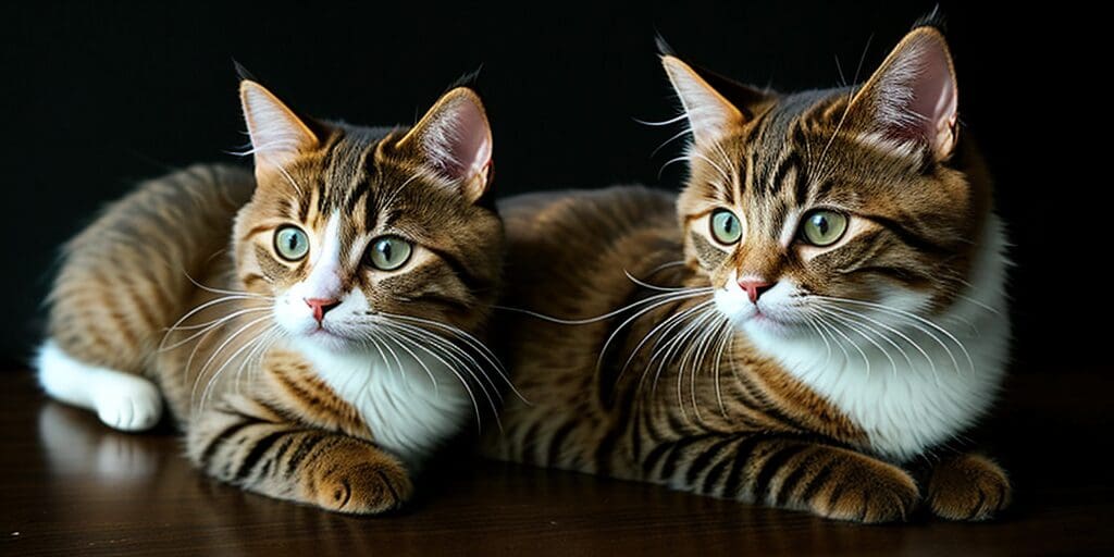 Two tabby cats with white paws and green eyes are sitting on a wooden table. The cats are looking in the same direction.