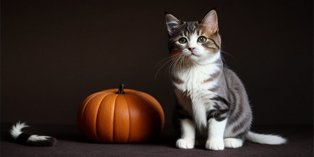 A gray and white cat is sitting next to a pumpkin. The cat has its tail wrapped around the pumpkin.
