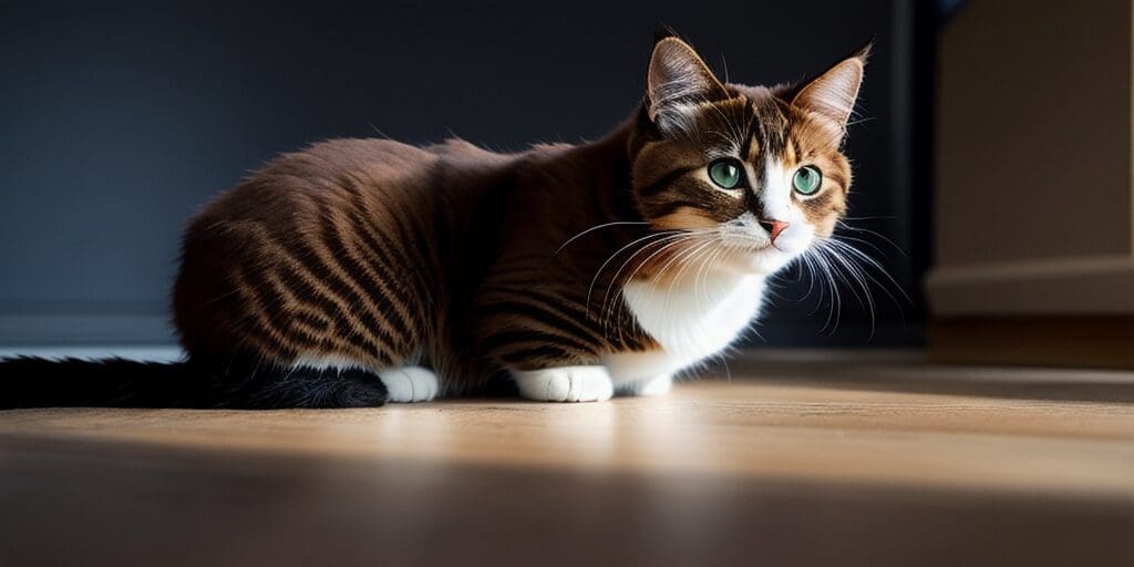 A tabby cat with green eyes is sitting on a wooden floor. The cat has a white belly and white paws. The cat is looking at the camera.