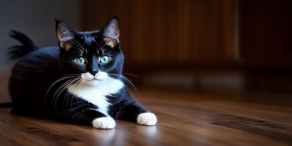 A black cat with white paws and a white belly is lying on the floor. The cat has green eyes and is looking at the camera.