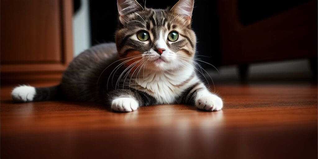 A cat is lying on the floor looking up at the camera. The cat has brown and white fur and green eyes. The floor is made of wood.