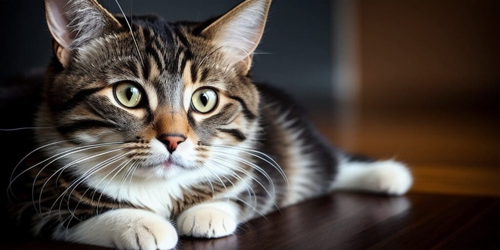 A close-up of a tabby cat with green eyes, looking at the camera with a curious expression.