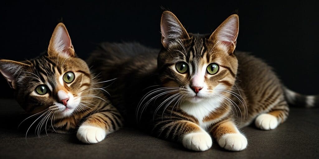 Two tabby cats with green eyes are lying on a dark surface.