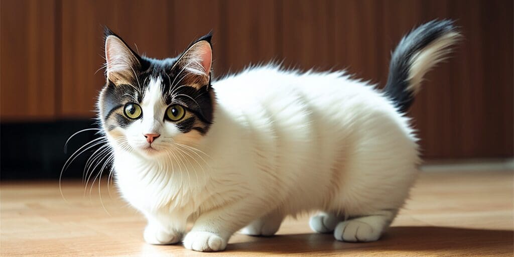 A munchkin cat is standing on the floor. The cat has white fur with some black patches on the head and a black tail. The cat is looking at the camera.