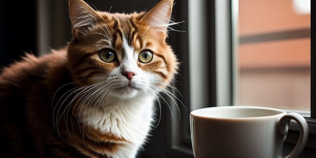A ginger and white cat is sitting on a table next to a white coffee mug. The cat is looking at the camera with its green eyes.