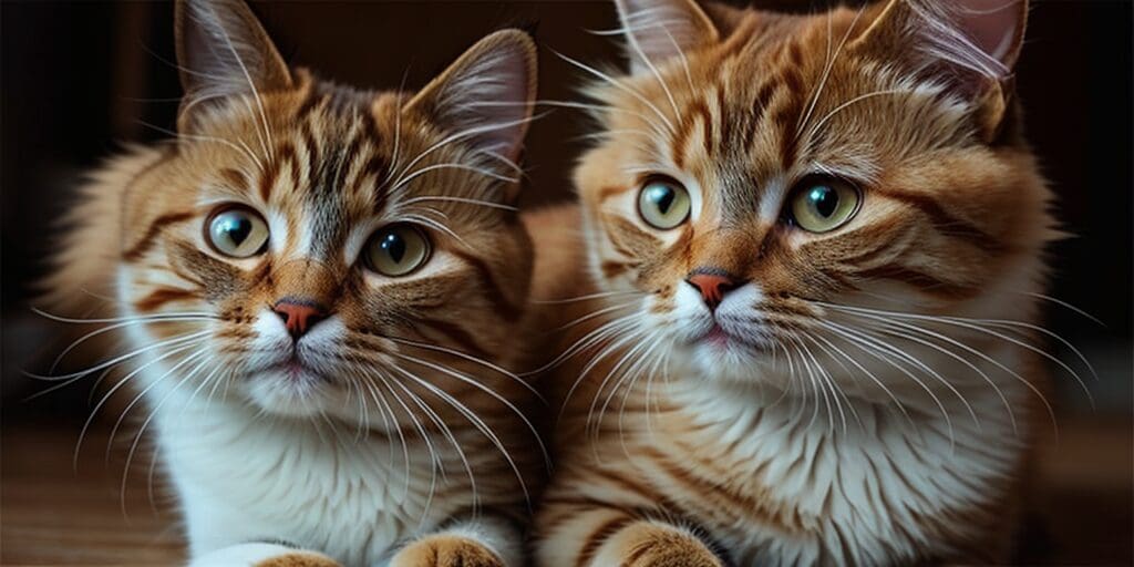 A close-up of two cats sitting side by side, looking at the camera with wide eyes. The cats are both brown and white, with long fur and fluffy tails.