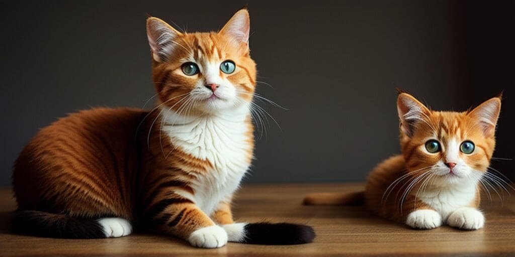 Two cute ginger and white kittens sitting on a wooden table looking at the camera.