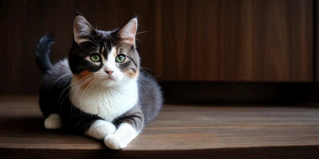 A cat with green eyes and a white bib is sitting on a wooden table. The cat is looking at the camera with its eyes wide open.