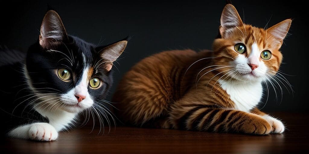 A ginger cat and a tuxedo cat are lying on a wooden table. The ginger cat is on the right and the tuxedo cat is on the left. The ginger cat has green eyes and the tuxedo cat has yellow eyes.