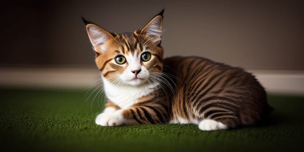 A cute tabby kitten with big green eyes is lying on a green carpet. The kitten has a white belly and paws, and its tail is curled up.
