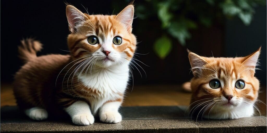 Two cute ginger and white kittens sitting on a table.