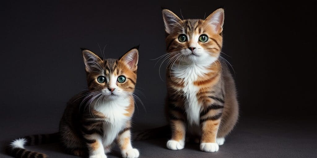 Two cute tabby kittens with green eyes are sitting on a dark gray background.