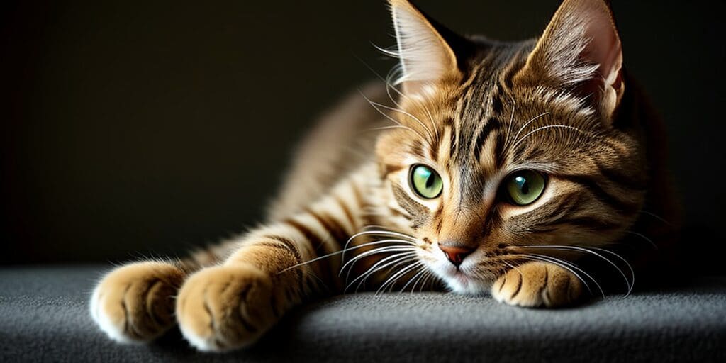 A close-up of a brown tabby cat with green eyes, resting on a gray surface.