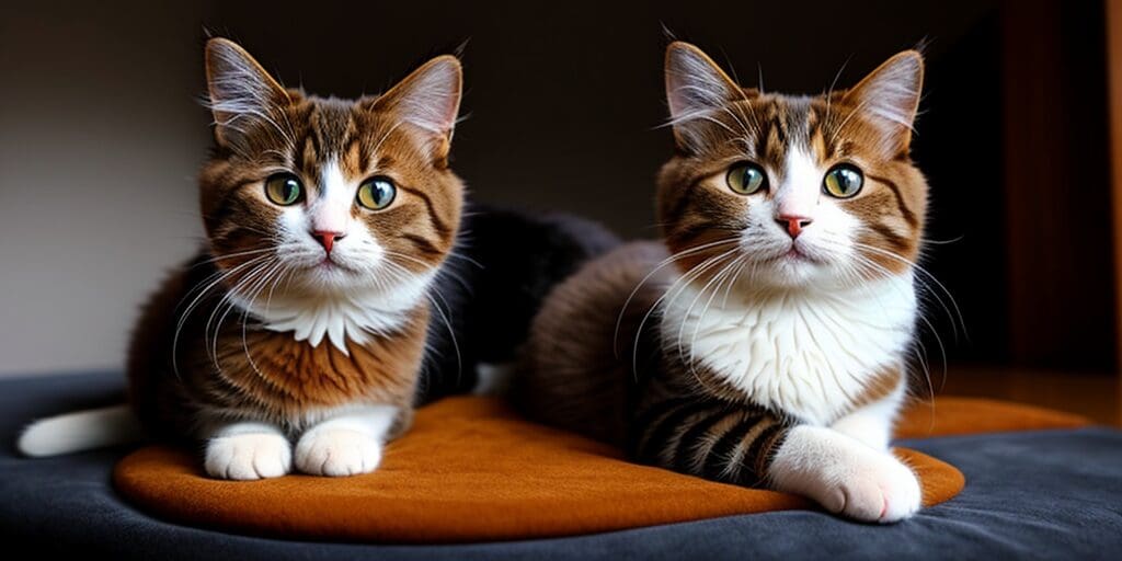 Two cute cats with big green eyes are sitting on a brown cushion and looking at the camera.