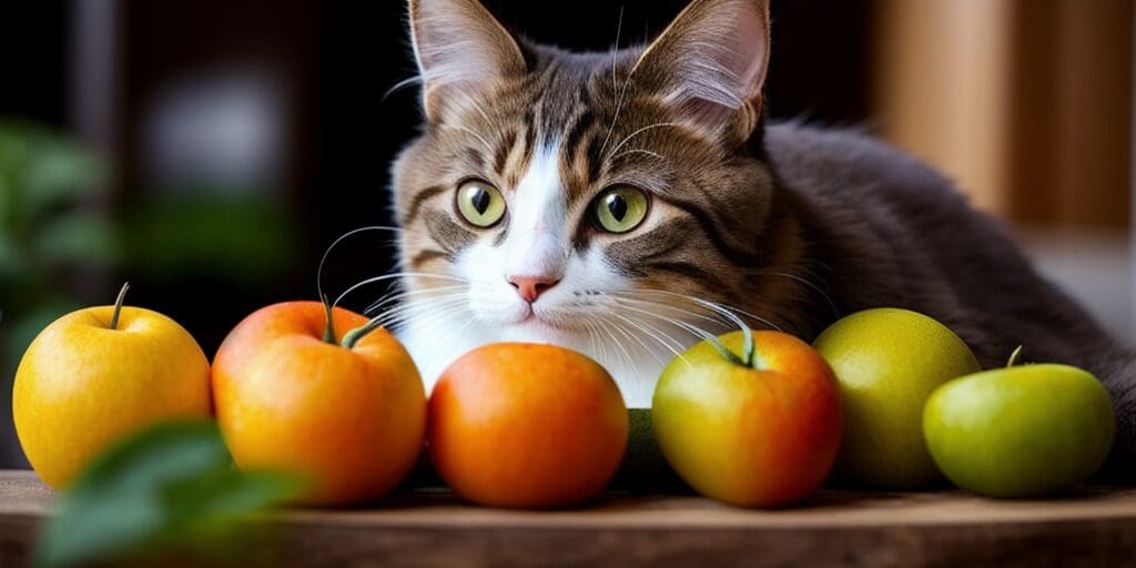 A cat sits in front of a wooden table with a variety of apples on it. The cat has one paw resting on the table and is looking at the apples.