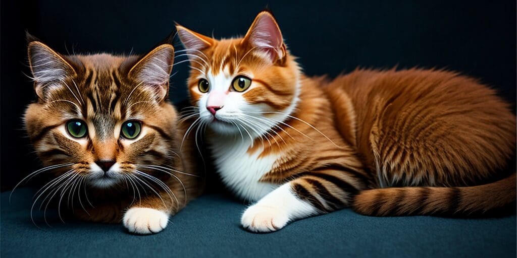 A ginger cat and a brown tabby cat are sitting next to each other on a dark blue surface. The ginger cat has white paws and a white belly, and the brown tabby cat has a white belly. Both cats are looking at the camera.