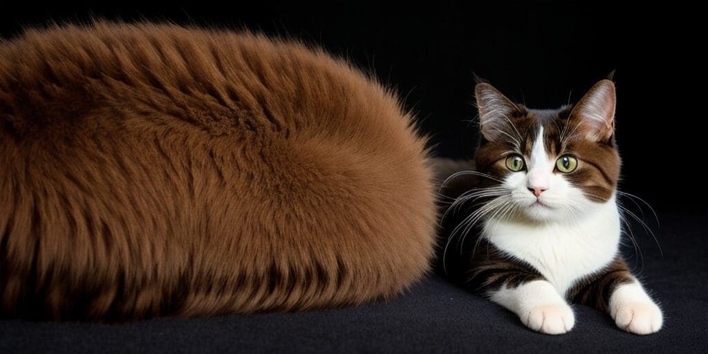 A fluffy brown cat is sitting next to a giant brown fur ball.