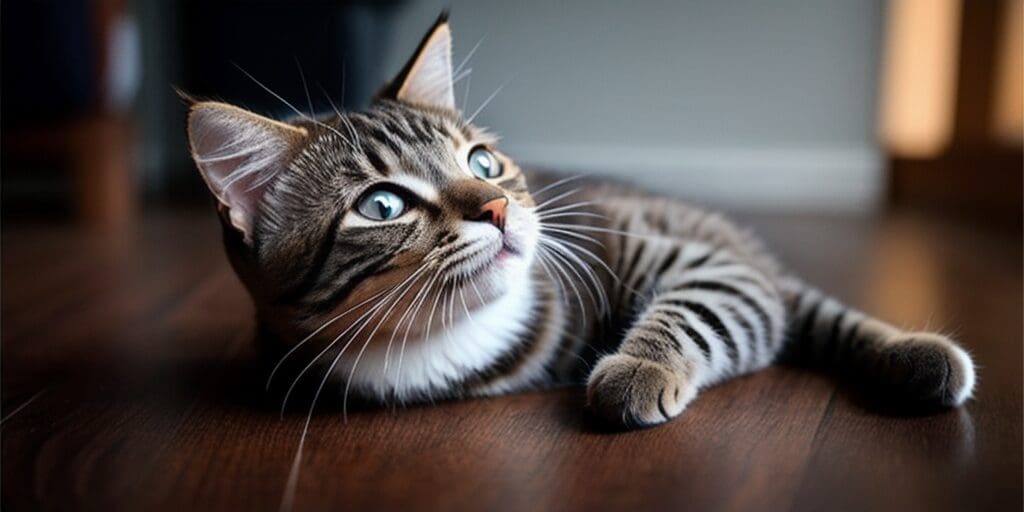 A tabby cat is lying on the floor looking up at something off camera. The cat is brown, black, and white with blue eyes. The floor is dark wood.