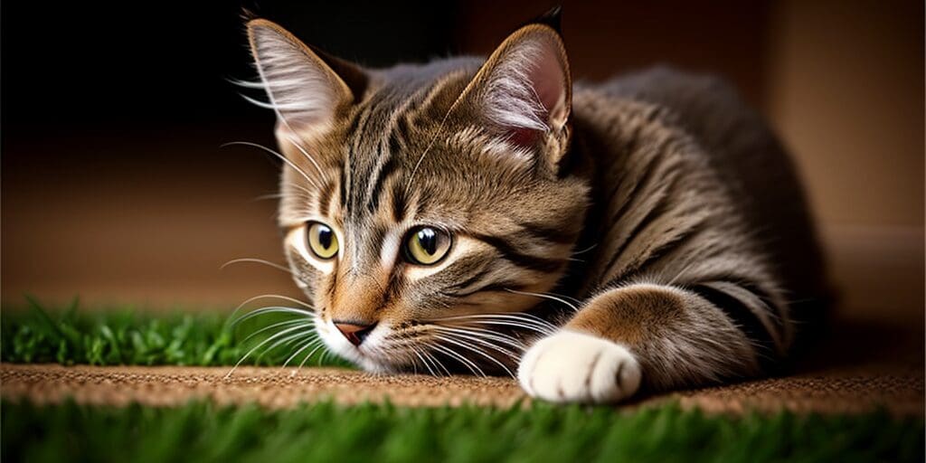 A brown tabby cat is lying on a brown carpet and green grass, looking to the right.