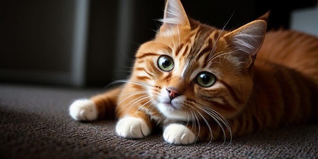 A ginger cat is lying on a brown carpet. The cat has its front paws outstretched and is looking at the camera with wide green eyes.