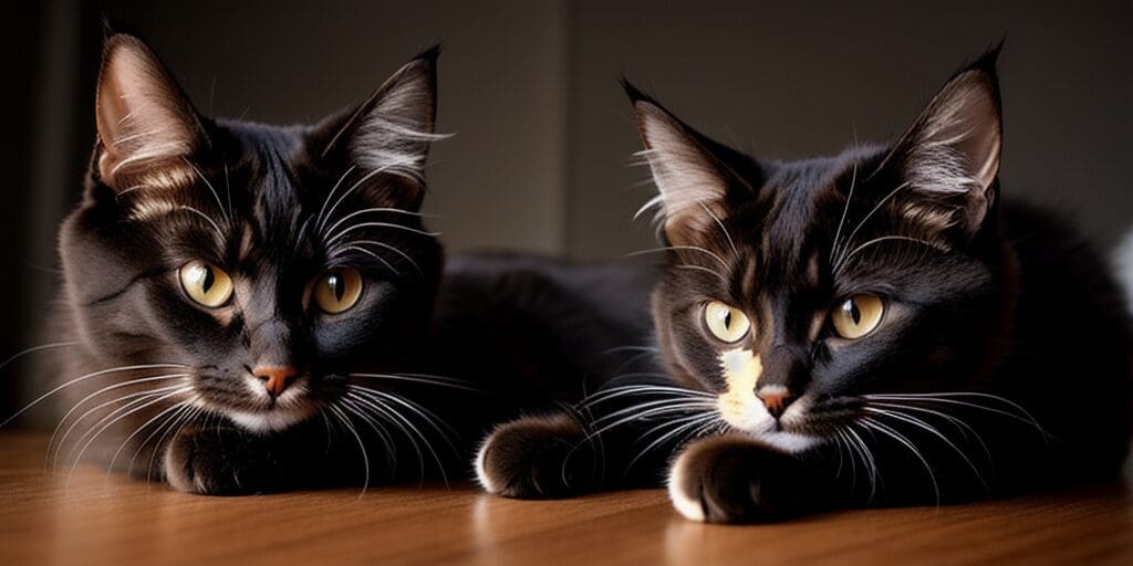 A close-up of two black cats with yellow eyes, staring at the camera.