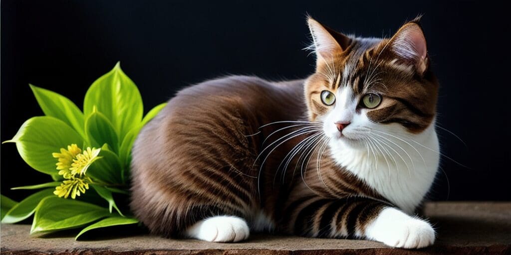 A brown and white cat is sitting next to a green plant with yellow flowers. The cat is looking to the right of the frame.