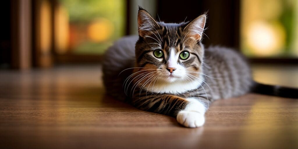A cat is lying on a wooden floor. The cat has green eyes and is looking at the camera.