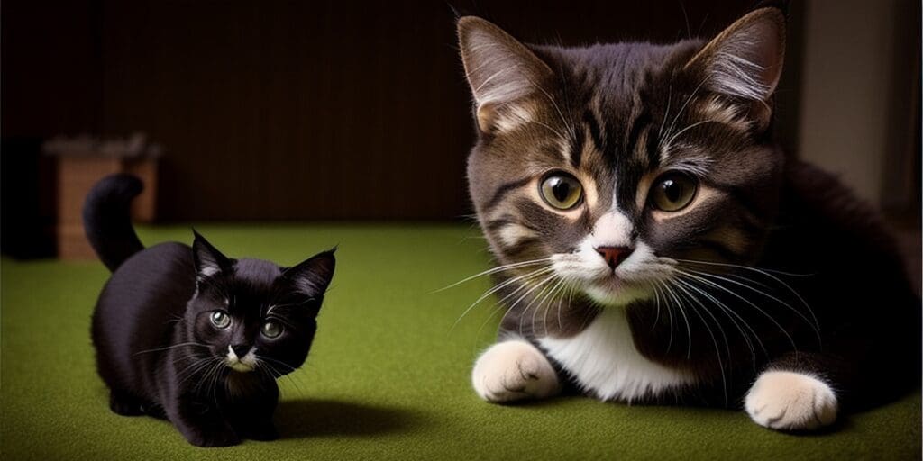 A small black cat and a larger brown tabby cat are sitting on a green carpet. The cats are looking at each other.