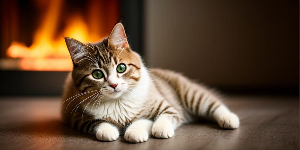 A cat is lying on the floor in front of a fireplace. The cat has green eyes and is looking at the camera. The fur on its chest and paws is white, and the rest of its fur is brown with dark brown stripes. The fireplace is made of brick and has a bright orange fire burning in it. The floor is made of wood.