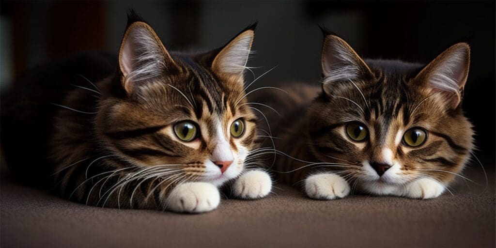 A close-up of two tabby cats resting side by side, looking at the camera with big green eyes.