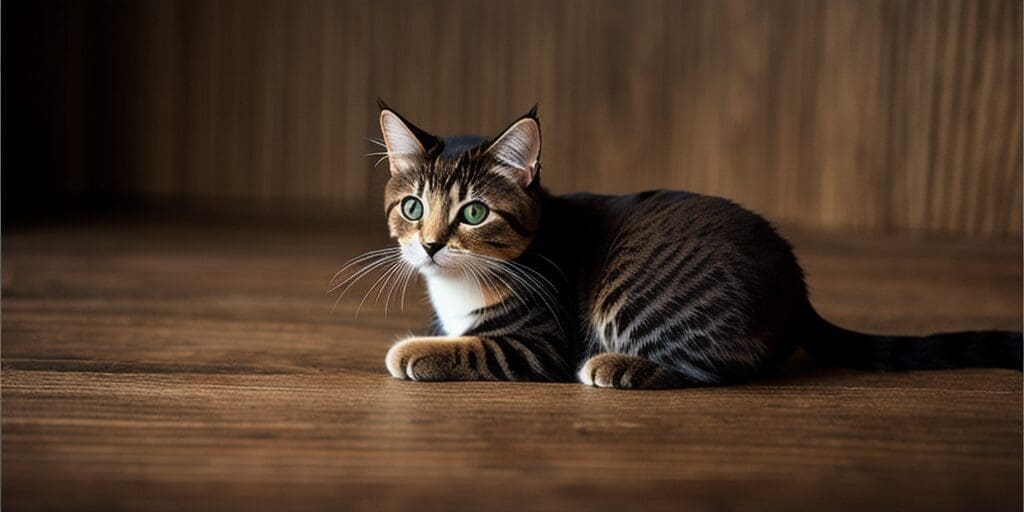 A brown tabby cat with white paws and green eyes is lying on a wooden floor. The cat is looking to the right of the frame.
