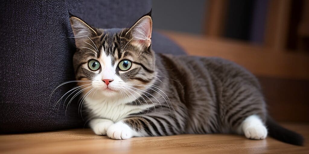 A cat with big green eyes is sitting on a wooden table next to a gray pillow. The cat has a white belly and gray and black stripes on its back.