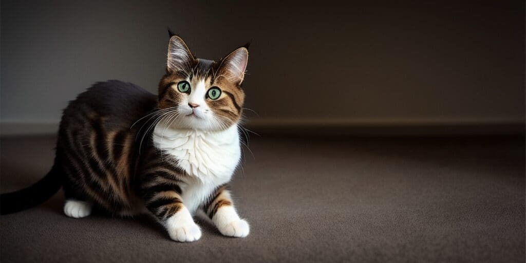 A brown tabby cat with white paws and a white belly is sitting on the floor and looking at the camera. The cat has green eyes and a pink nose.