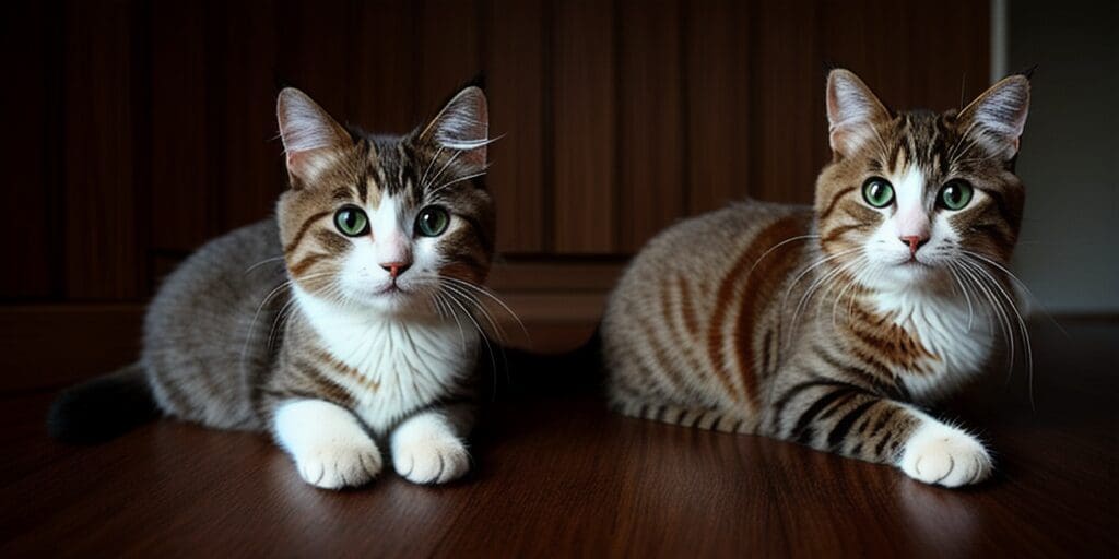 Two cats with green eyes and white paws are sitting on a wooden floor.
