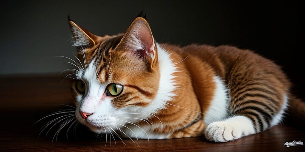 A ginger and white cat is lying on a wooden table. The cat has green eyes and is looking to the left.