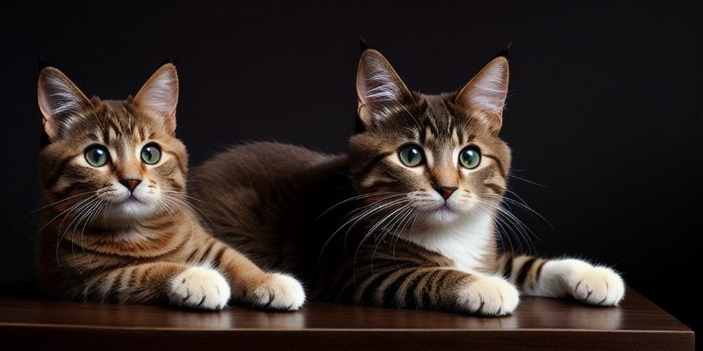 Two tabby cats with green eyes are sitting on a wooden table. The cats are both looking at the camera.