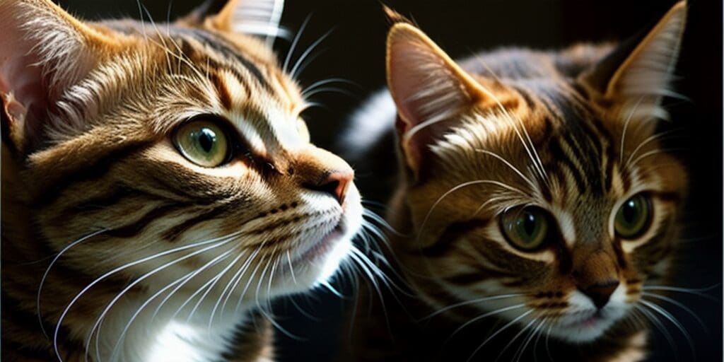 A close-up of two cats looking to the right. The cats are both brown and white, and they have green eyes.