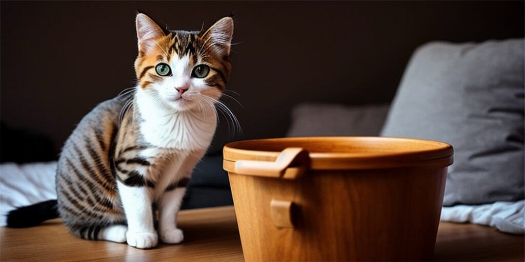 A cat sits on a table next to a wooden bowl. The cat has green eyes and is looking at the camera.