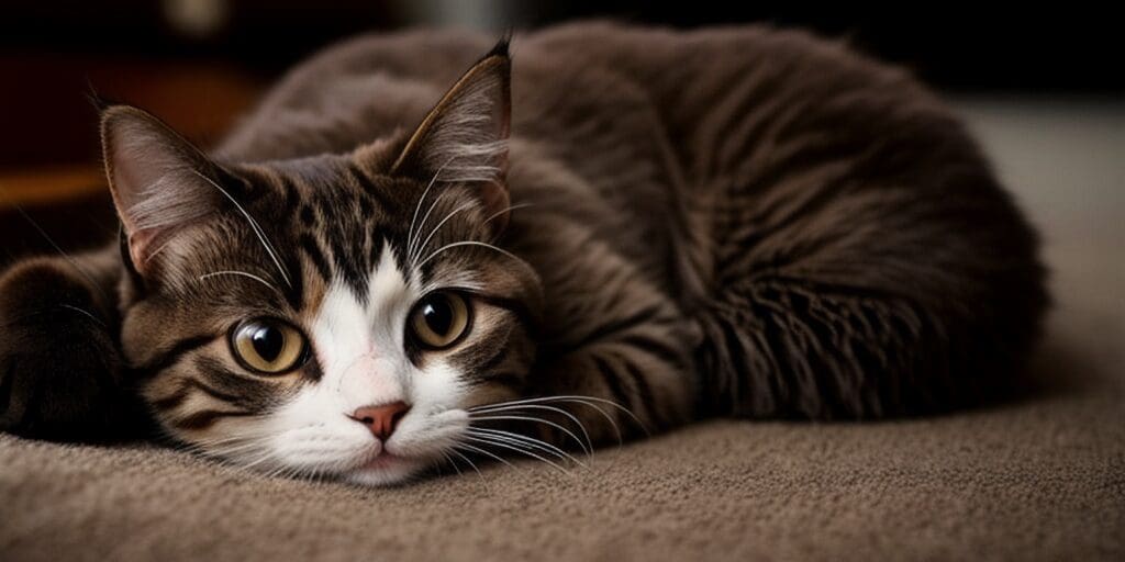 A brown tabby cat with white paws and a white belly is lying on a brown carpet. The cat has wide green eyes and is looking at the camera.