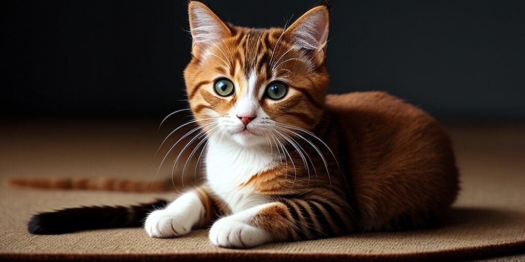 A ginger and white cat is sitting on a brown carpet. The cat has green eyes and is looking at the camera.
