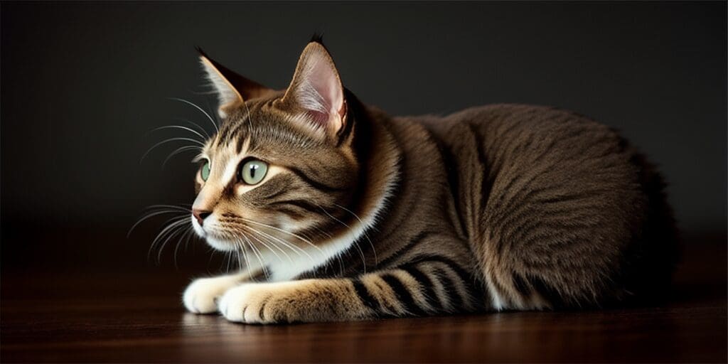 A brown tabby cat with green eyes is lying on a wooden table. The cat is looking to the right of the frame.