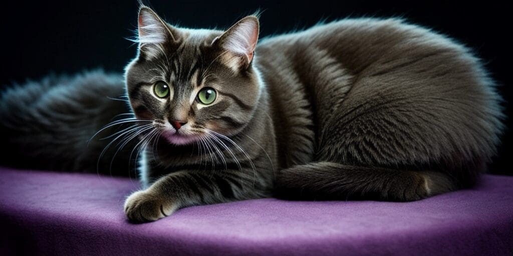 A gray cat with green eyes is lying on a purple cloth. The cat is looking to the left of the frame.