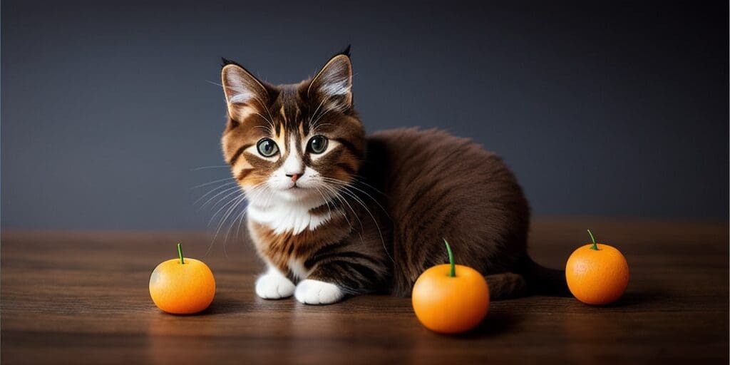 A cute munchkin cat sitting on a wooden table with three small mandarin oranges.